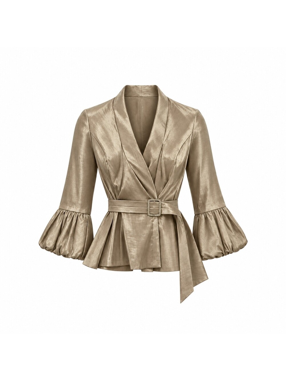 Alex Evenings Women's Metallic Gold Belted Peplum Blouse Size Small Rhinestone